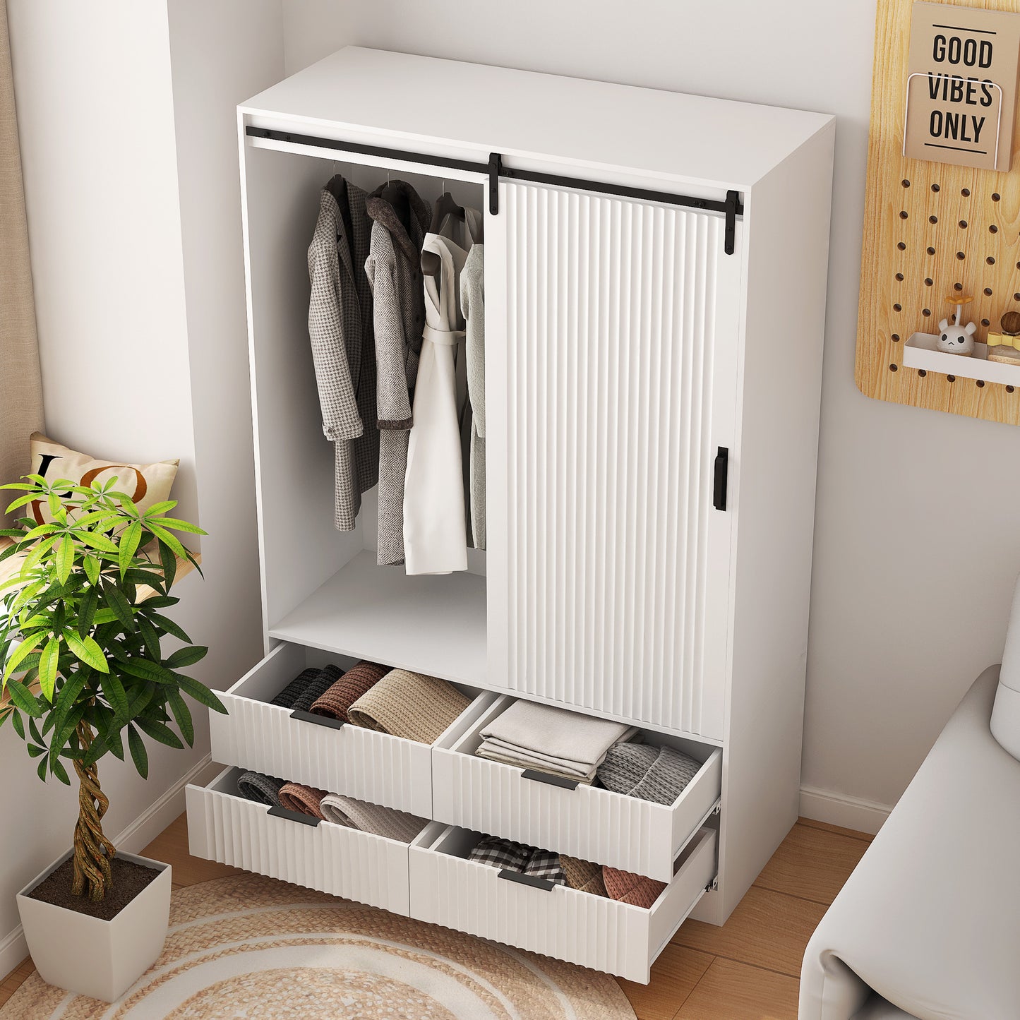 Armoire penderie blanche – Style grange, avec tringle, tiroirs et étagères ouvertes