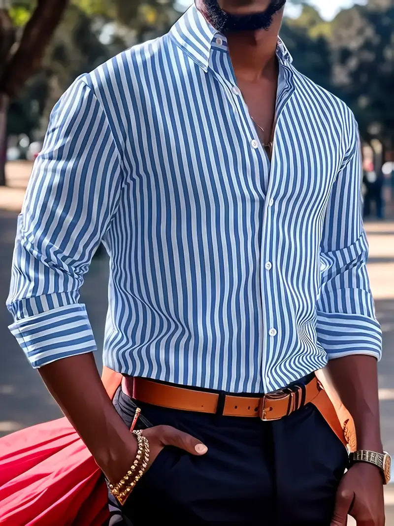 Chemise Homme à Rayures – Manches Longues, Col Revers, Style Décontracté