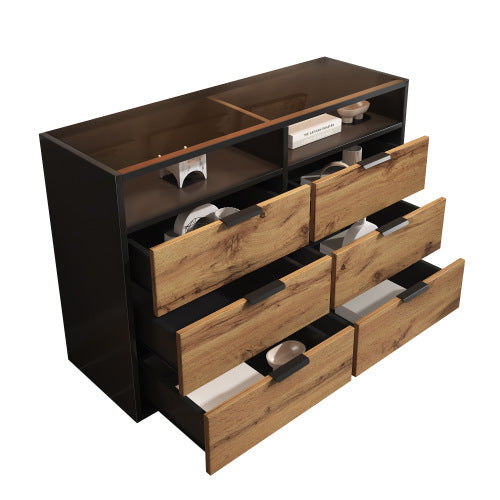 Commode / Buffet avec 6 tiroirs et 2 étagères ouvertes – Verre ambré, table de rangement anti-basculement pour salon, chambre ou chambre d’enfant – 120 × 40 × 80 cm, chêne