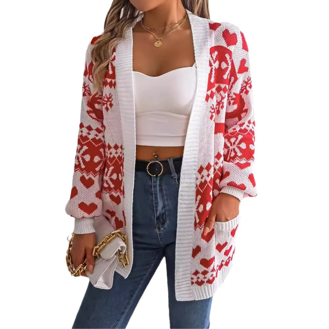 Cardigan tricoté de Noël pour femme – Manches lanterne, motif cerf, coupe oversize avec poches