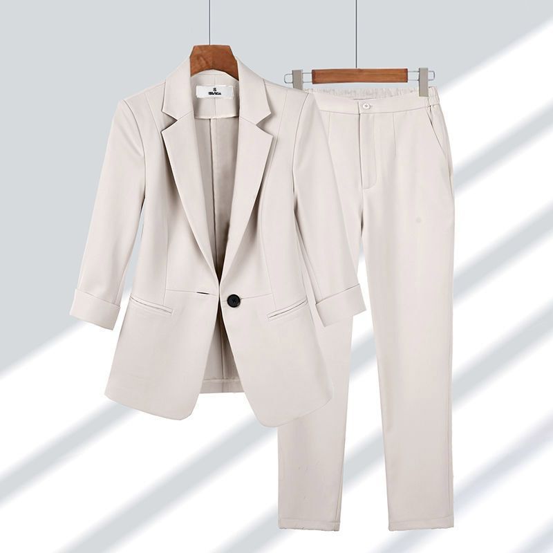 Ensemble blazer casual 2 pièces – Veste unie col à revers & pantalon droit zippé – Costume femme bureau et affaires
