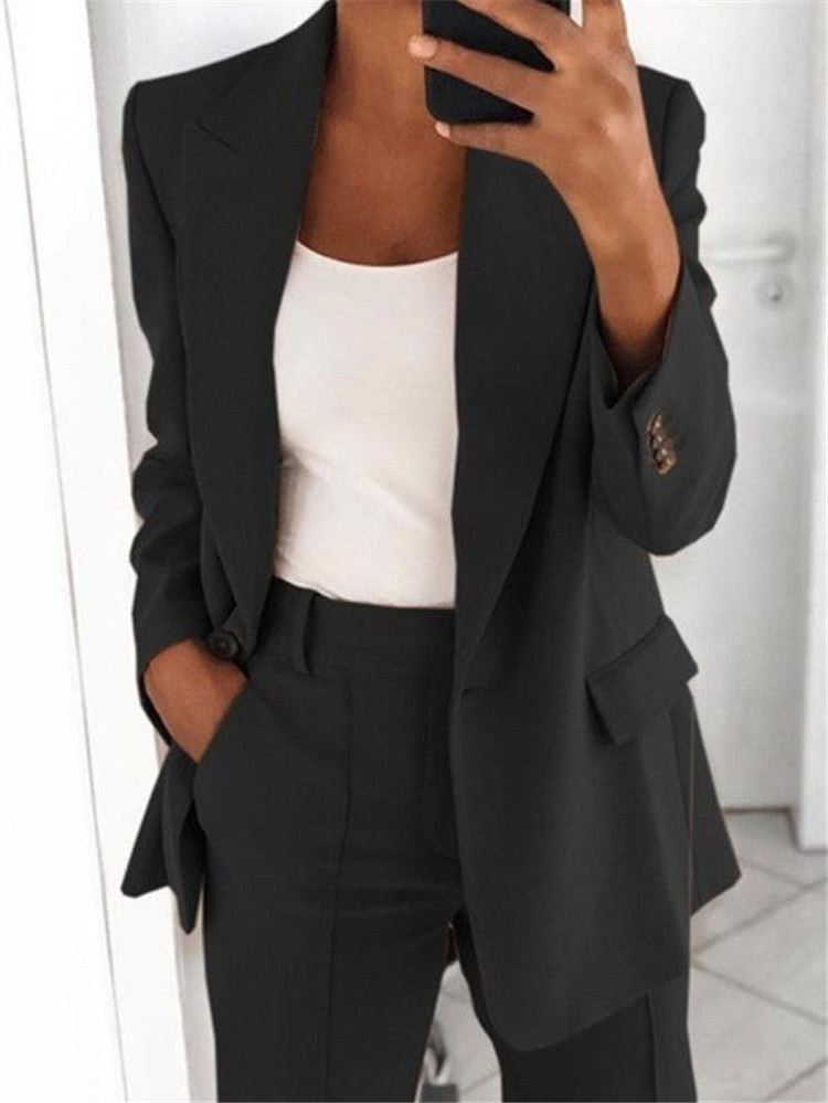 Ensemble Tailleur Femme Décontracté – Blazer Long à Boutons + Pantalon Slim avec Poches