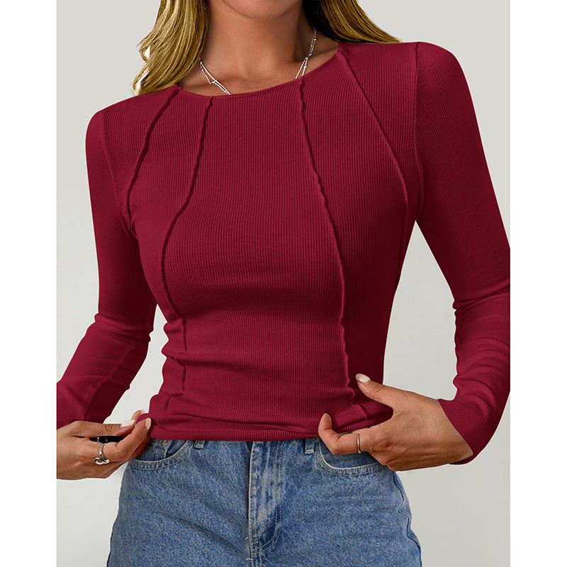 T-shirt Femme Manches Longues Col Rond – Coupe Ajustée, Mode Automne