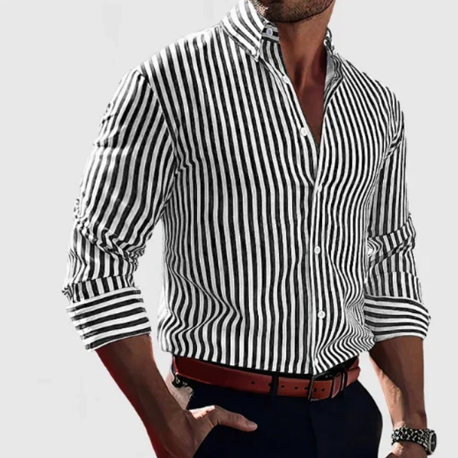 Chemise Homme à Rayures – Manches Longues, Col Revers, Style Décontracté