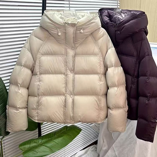 Veste courte matelassée à capuche – Couleur unie, coupe ample, coton rembourré, automne & hiver