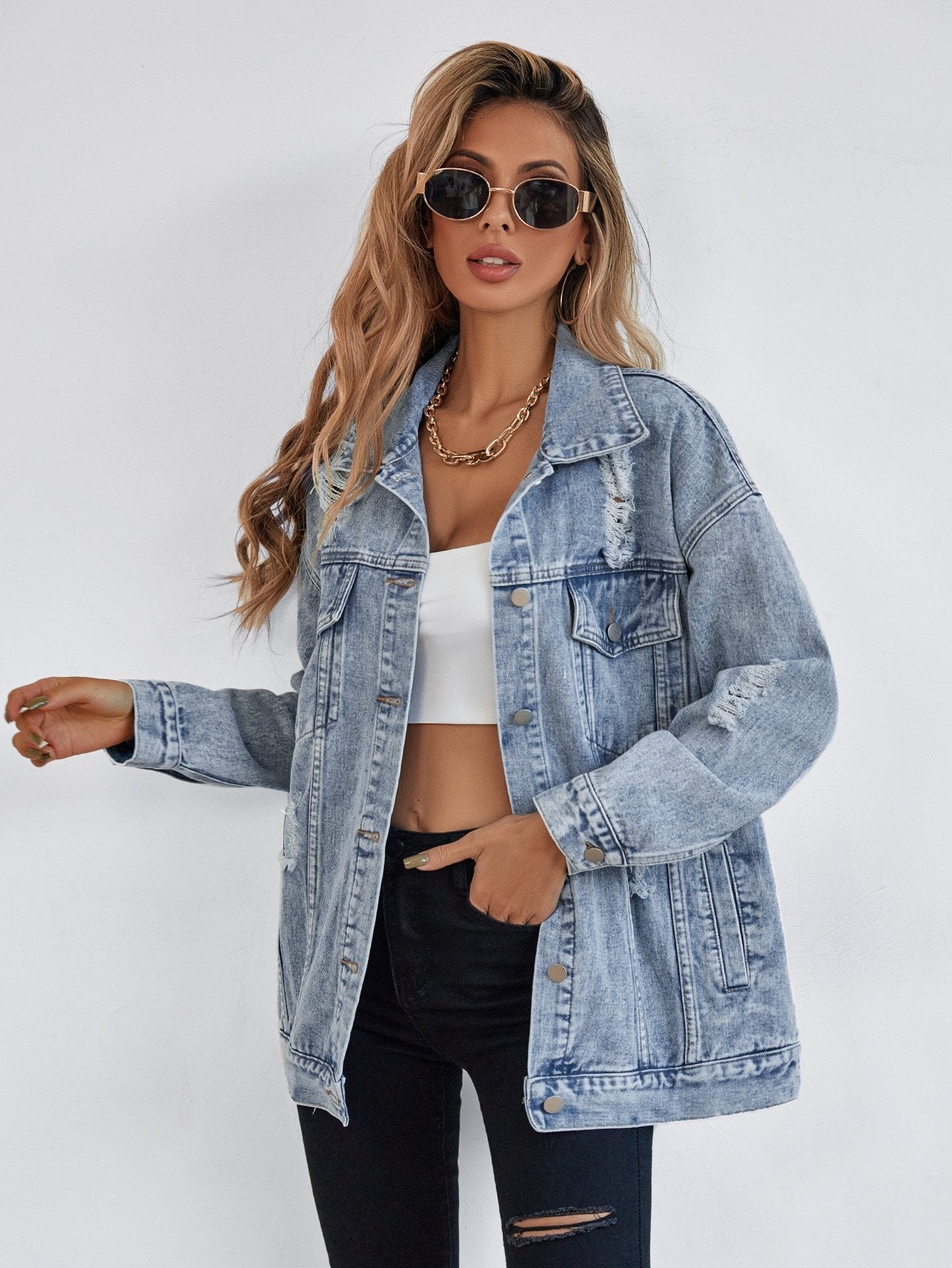 Veste en Jean Bleue Décontractée avec Poches à Rabat & Épaules Tombantes – Fermeture à Boutons