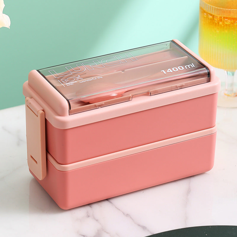 boite à déjeuner double couche avec séparateur + couverts- Etanche et portable/ Plastic Lunch Box Microwavable Lunch Box Set Double Layer Divider With Cutlery