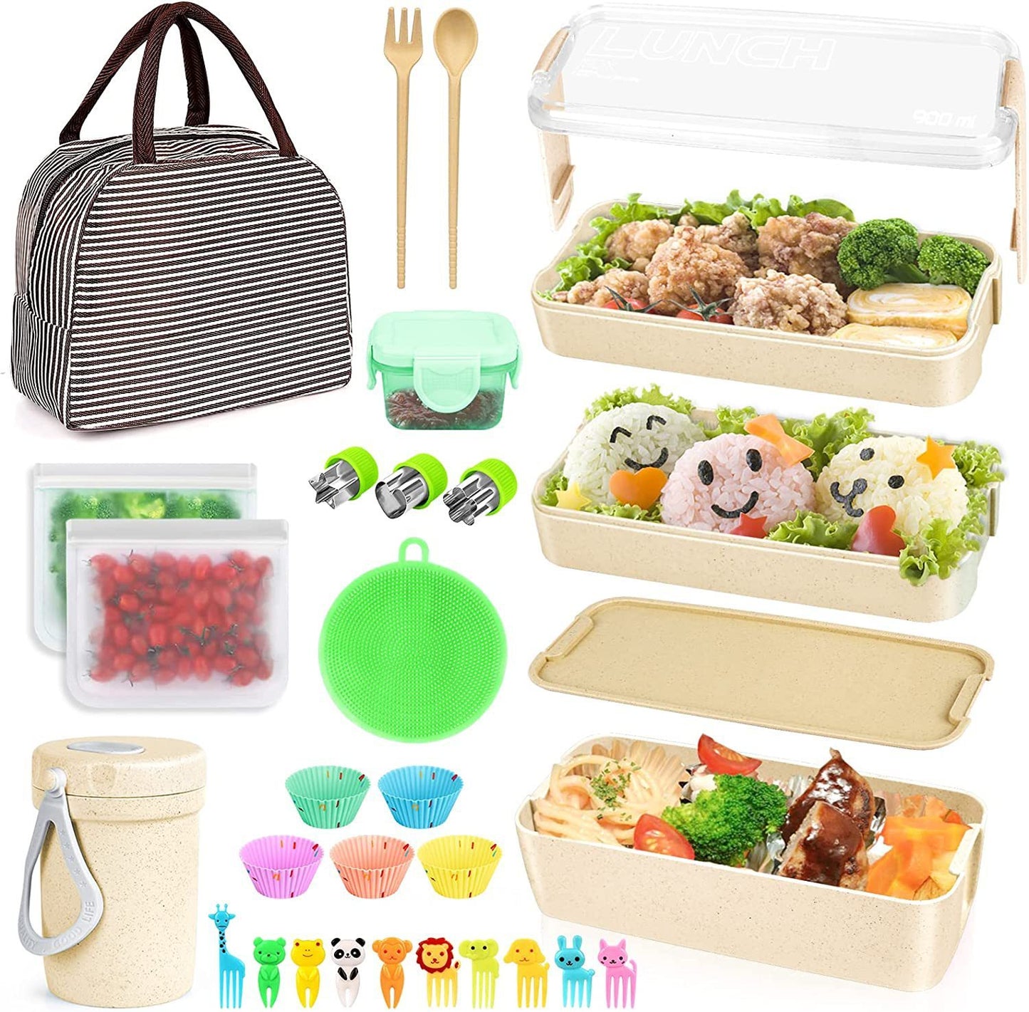 Ensemble bento japonais 27 pièces – Boîte à lunch, sac thermique, tasse petit-déjeuner et sac à goûter