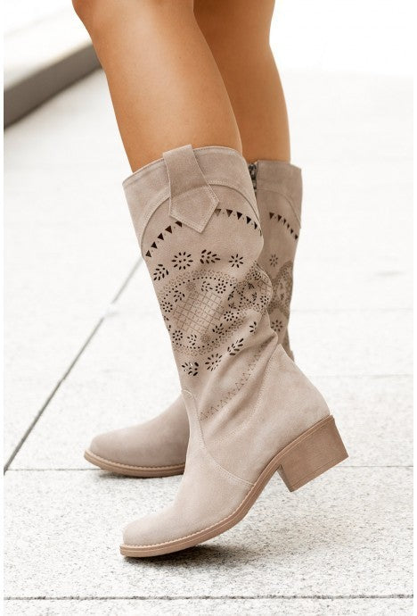 Bottes hautes femme automne & hiver – Suède à fleurs brûlées, talon moyen, fermeture éclair latérale, pointures 40 à 43
