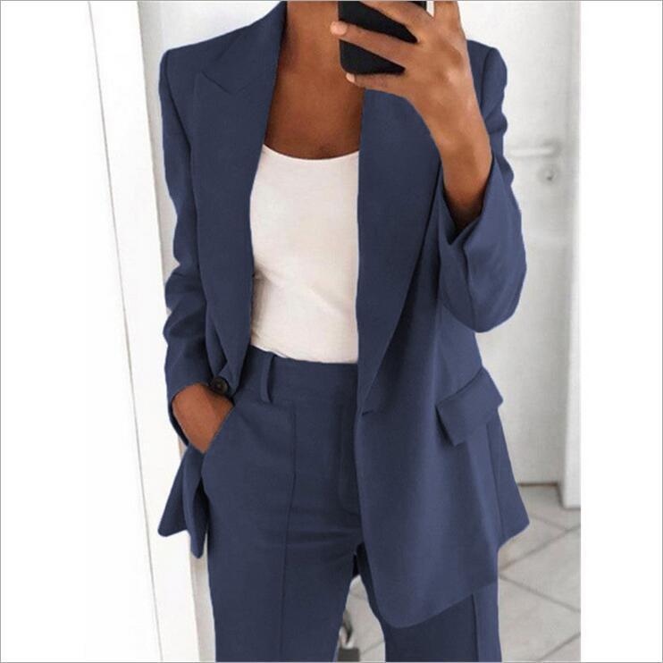 Ensemble Tailleur Femme Décontracté – Blazer Long à Boutons + Pantalon Slim avec Poches