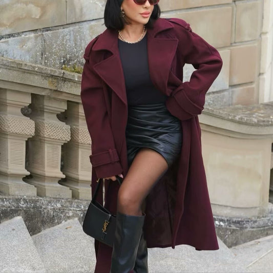 Manteau en laine avec ceinture – Trench long double boutonnage pour femmes