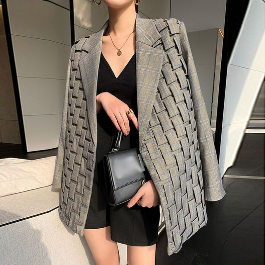 Blazer Femme Rétro à Carreaux – Veste Style Tailleur Élégante et Vintage