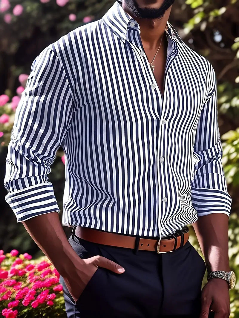 Chemise Homme à Rayures – Manches Longues, Col Revers, Style Décontracté