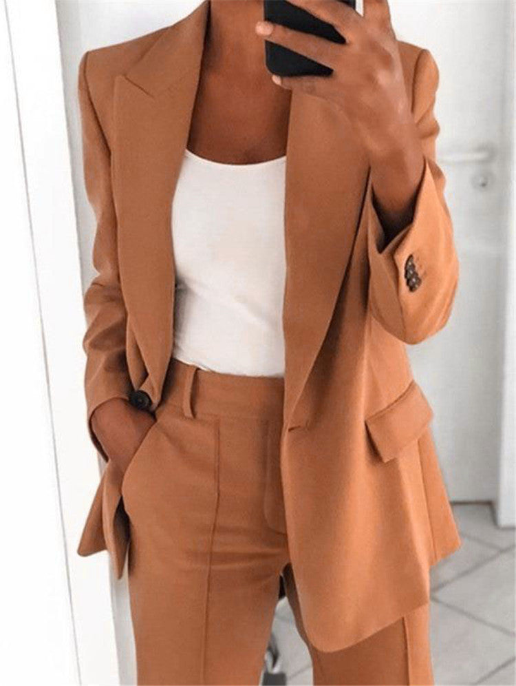 Ensemble Tailleur Femme Décontracté – Blazer Long à Boutons + Pantalon Slim avec Poches