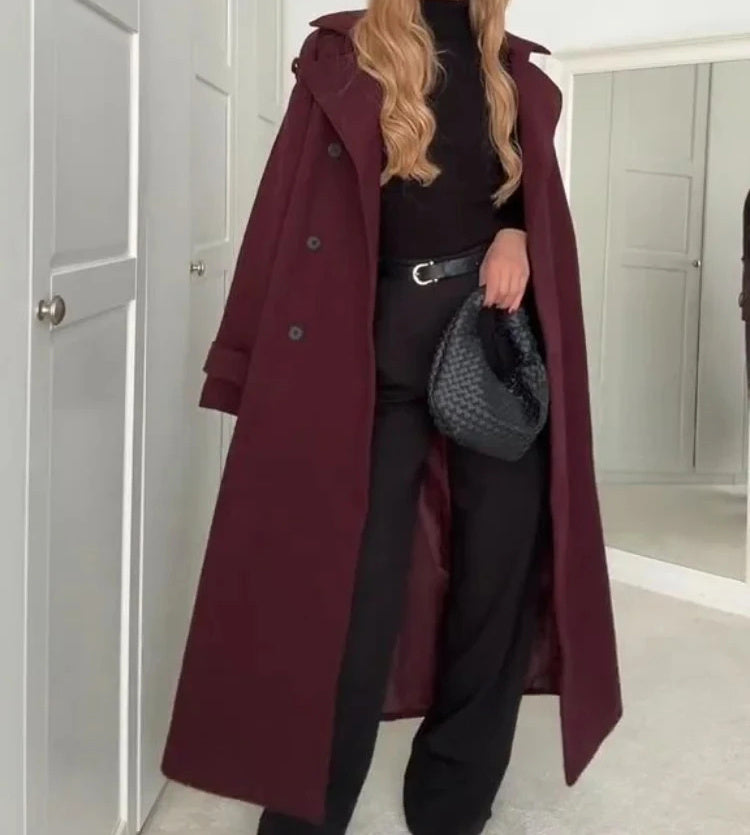 Manteau en laine avec ceinture – Trench long double boutonnage pour femmes