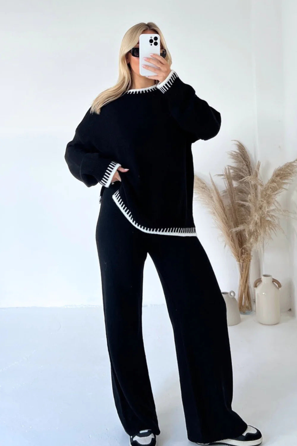 Ensemble femme deux pièces – Pull à manches longues fendue et pantalon droit large