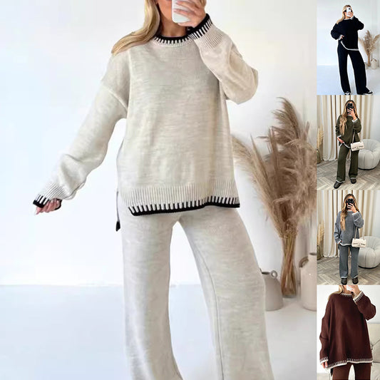 Ensemble femme deux pièces – Pull à manches longues fendue et pantalon droit large