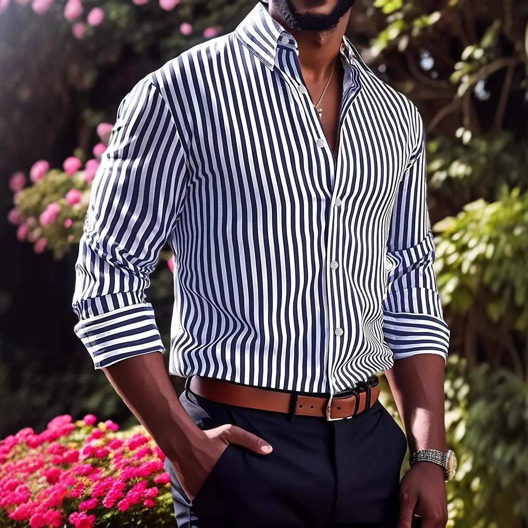Chemise Homme à Rayures – Manches Longues, Col Revers, Style Décontracté