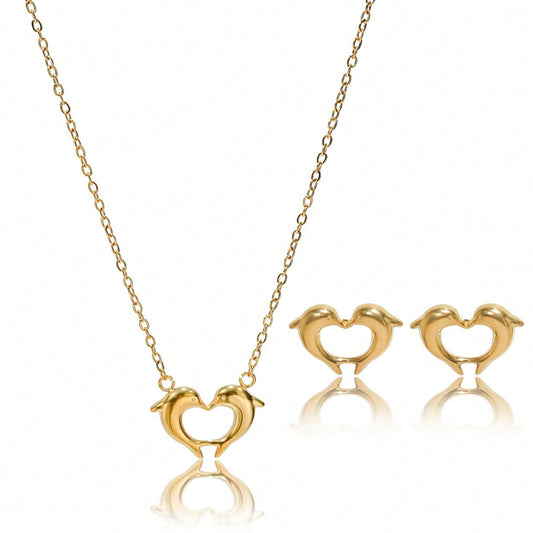 Ensemble Collier et Boucles d’Oreilles Dauphin en Forme de Cœur en Acier Inoxydable Doré 18K – Cadeau Élégant Étanche & Hypoallergénique