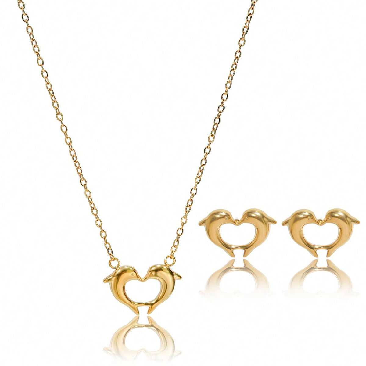 Ensemble Collier et Boucles d’Oreilles Dauphin en Forme de Cœur en Acier Inoxydable Doré 18K – Cadeau Élégant Étanche & Hypoallergénique