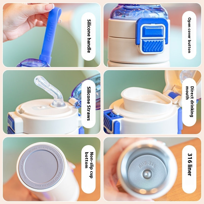 Tasse isotherme pour enfants, en acier inoxydable 316, modèle fille et garçon pour élèves de primaire.