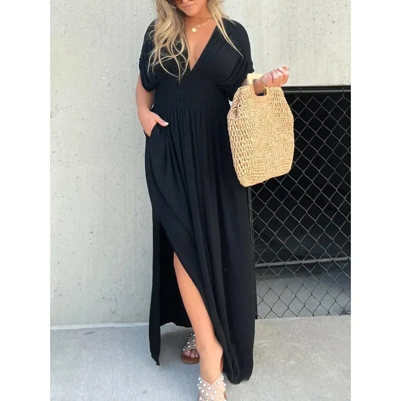 Robe Longue d’Été Femme – Manches Chauve-Souris, Col en V, Taille Élastique et Fente Élégante