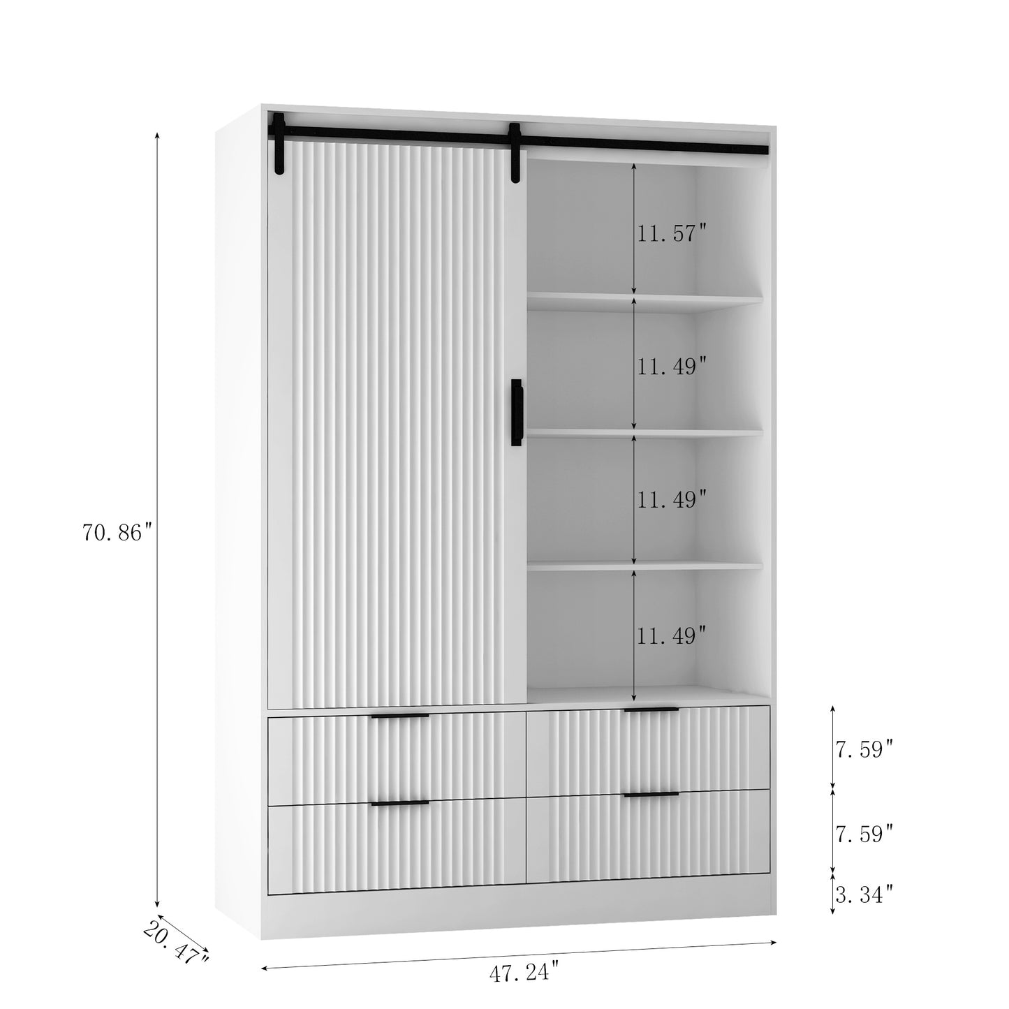 Armoire penderie blanche – Style grange, avec tringle, tiroirs et étagères ouvertes