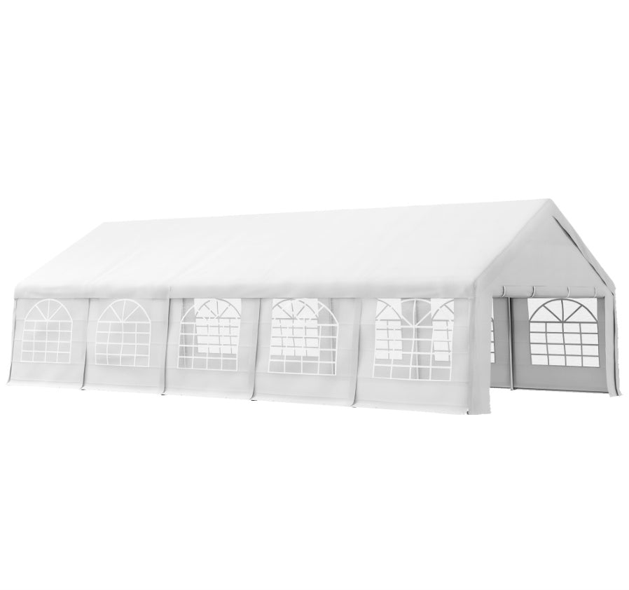 Tente extérieure 32x16 – Tonnelle avec auvent, structure robuste, fenêtres cathédrale, parois latérales amovibles, blanche – Idéale pour fêtes et mariages