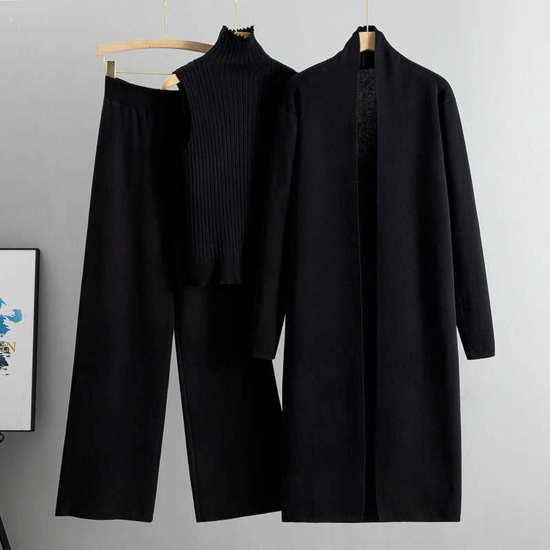 Ensemble 3 pièces femme – Pull sans manches, cardigan long et pantalon large