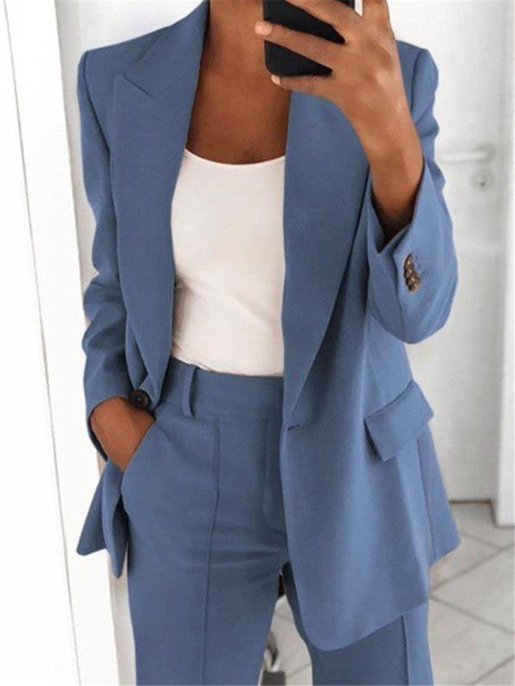 Ensemble Tailleur Femme Décontracté – Blazer Long à Boutons + Pantalon Slim avec Poches