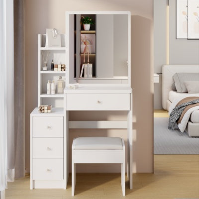 Coiffeuse compacte avec miroir coulissant et tabouret – Grand espace de rangement