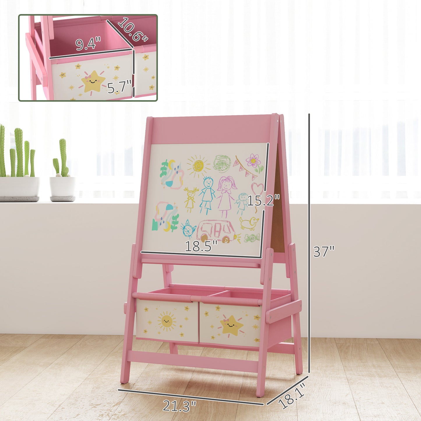 Chevalet d’art double-face – Tableau blanc & ardoise avec rouleau de papier et paniers de rangement – Rose