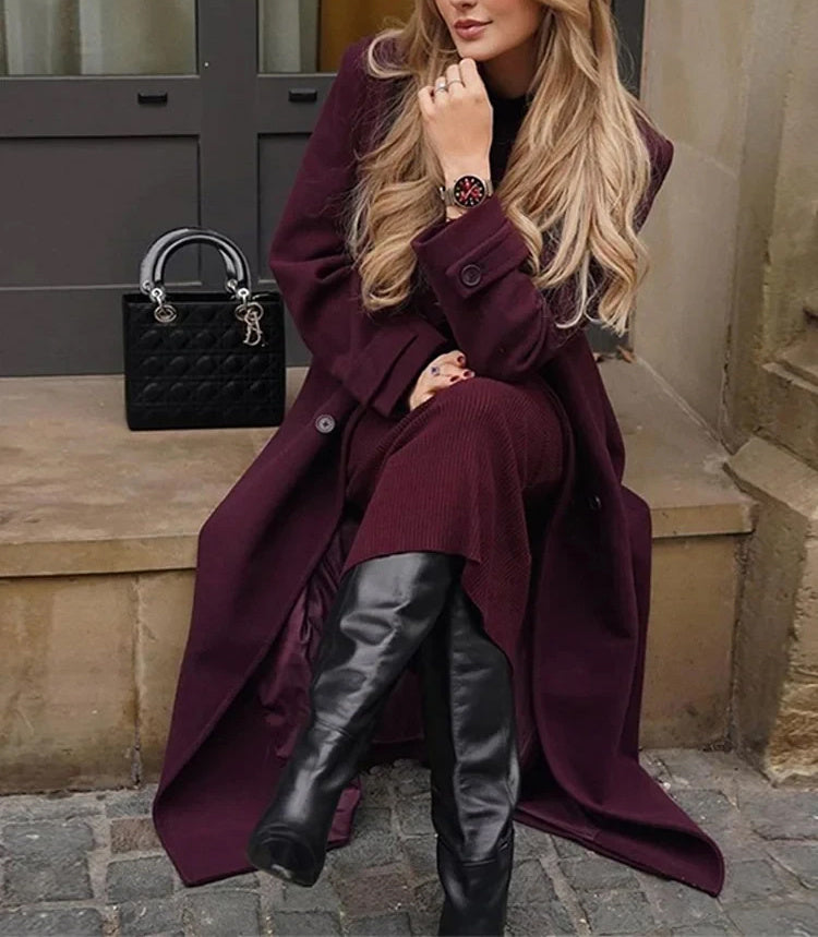 Manteau en laine avec ceinture – Trench long double boutonnage pour femmes