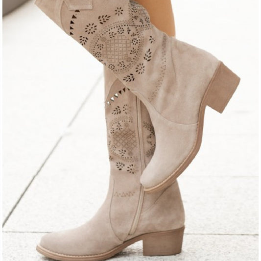 Bottes hautes femme automne & hiver – Suède à fleurs brûlées, talon moyen, fermeture éclair latérale, pointures 40 à 43