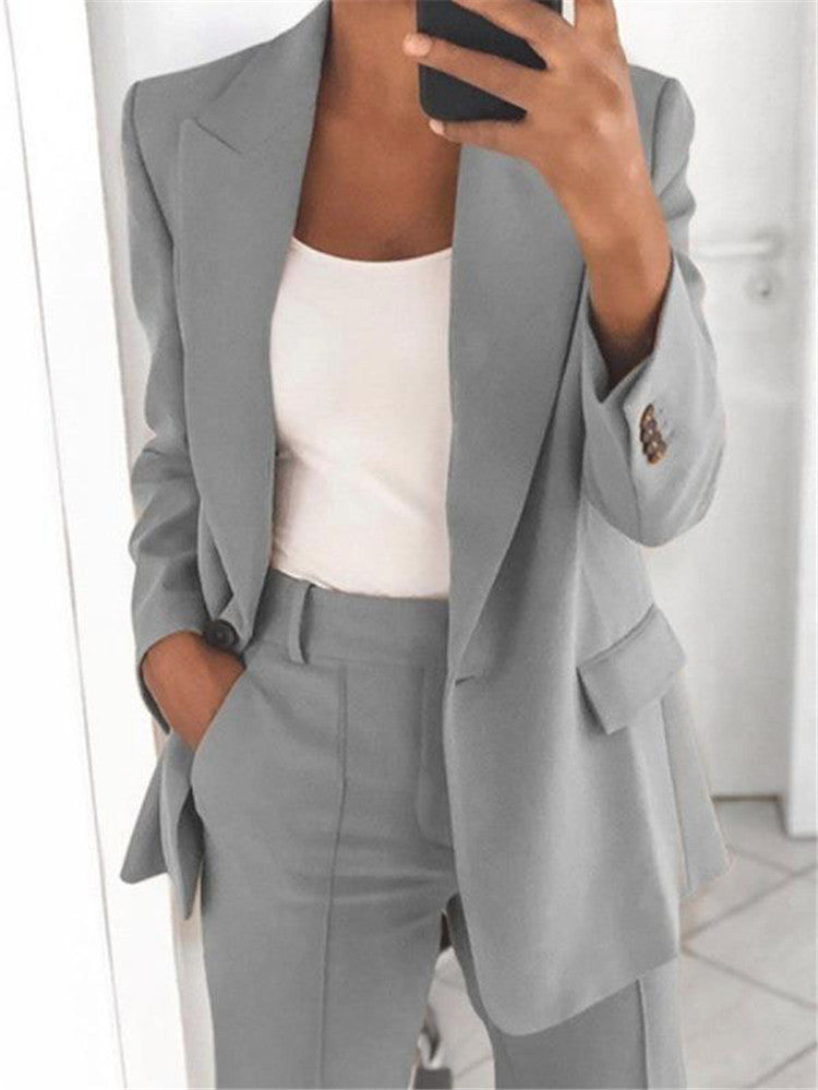 Ensemble Tailleur Femme Décontracté – Blazer Long à Boutons + Pantalon Slim avec Poches