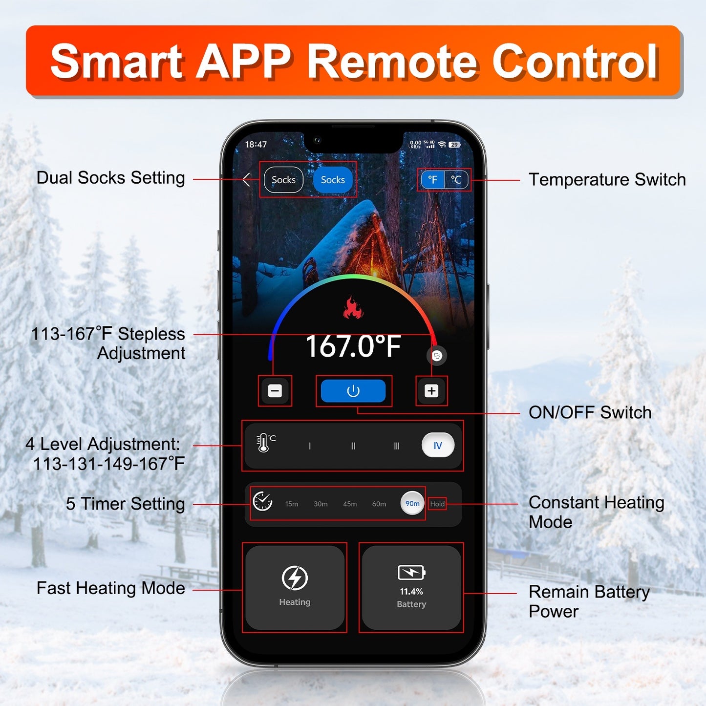 Chaussettes chauffantes électriques unisexes – 2 options, avec contrôle via application & batterie rechargeable 5000mAh – Idéal hiver, ski, randonnée, camping & chasse