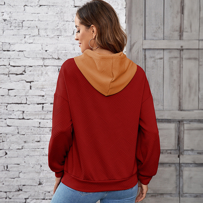 Sweat à capuche d’hiver pour femme – Style ample, épaules tombantes, à enfiler, avec patchwork contrasté