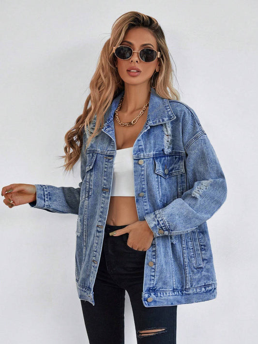 Veste en Jean Bleue Décontractée avec Poches à Rabat & Épaules Tombantes – Fermeture à Boutons