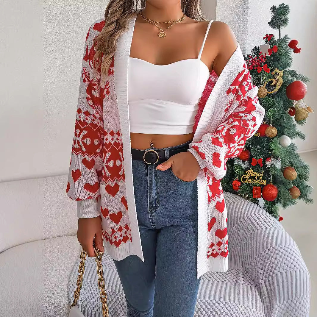 Cardigan tricoté de Noël pour femme – Manches lanterne, motif cerf, coupe oversize avec poches