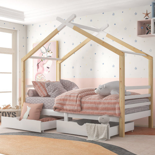 Lit simple pour enfant 3FT avec rangement – Cadre en bois de pin massif, style maisonnette/canopée, pour filles et garçons