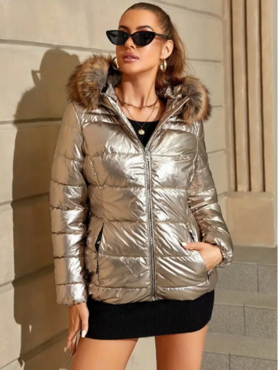 Veste Hiver Femme Ultra-légère Matelassée avec Capuche & Col en Fausse Fourrure Amovible