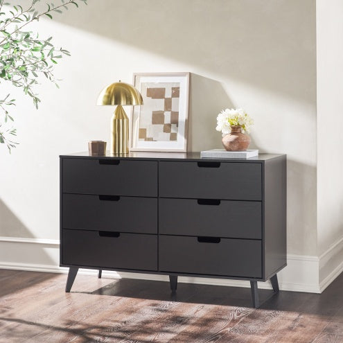 Commode Hans 6 tiroirs – Style mid-century, noire avec poignées découpées