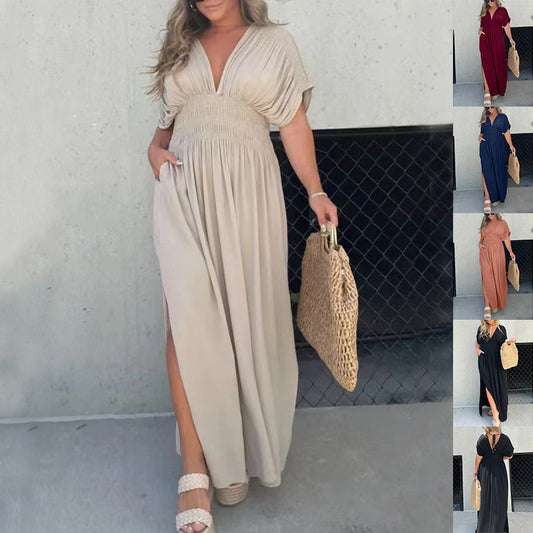 Robe Longue d’Été Femme – Manches Chauve-Souris, Col en V, Taille Élastique et Fente Élégante