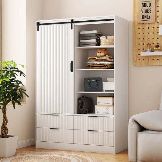 Armoire penderie blanche – Style grange, avec tringle, tiroirs et étagères ouvertes