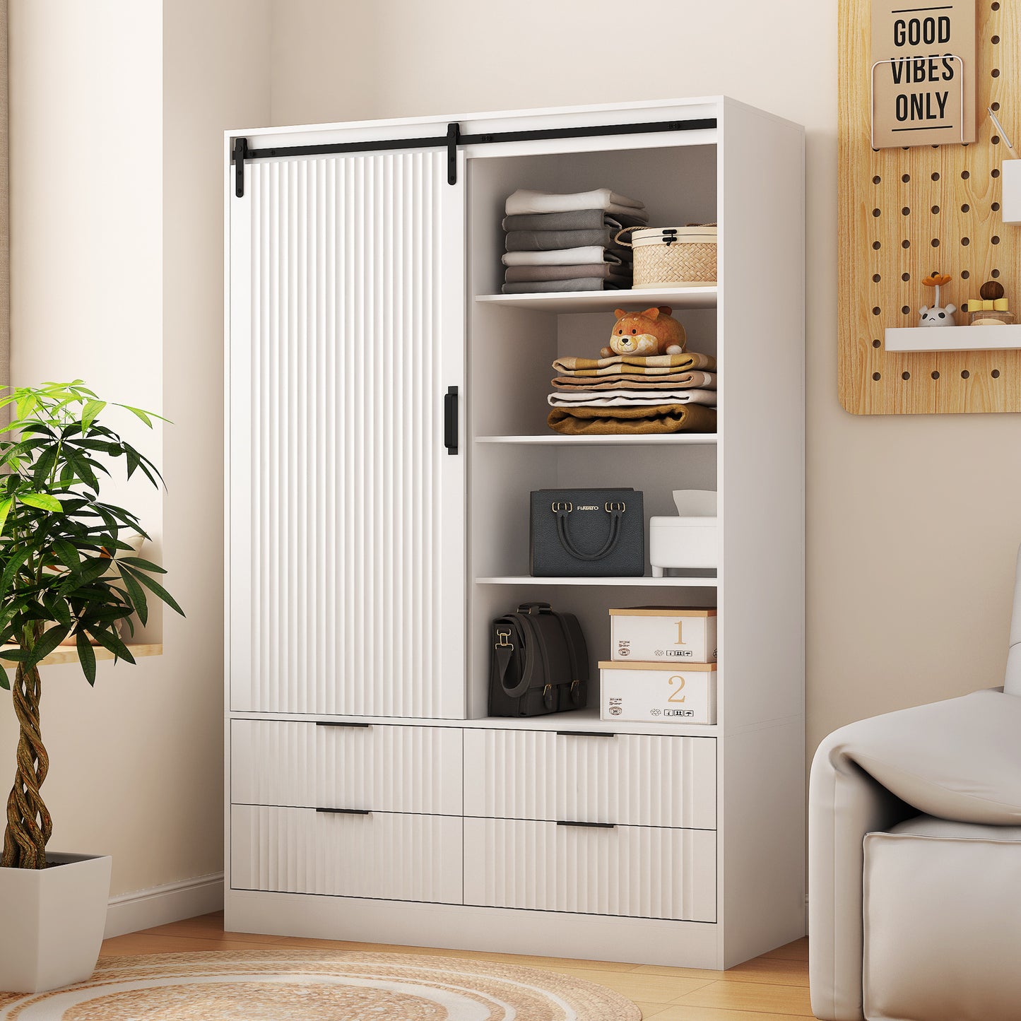 Armoire penderie blanche – Style grange, avec tringle, tiroirs et étagères ouvertes