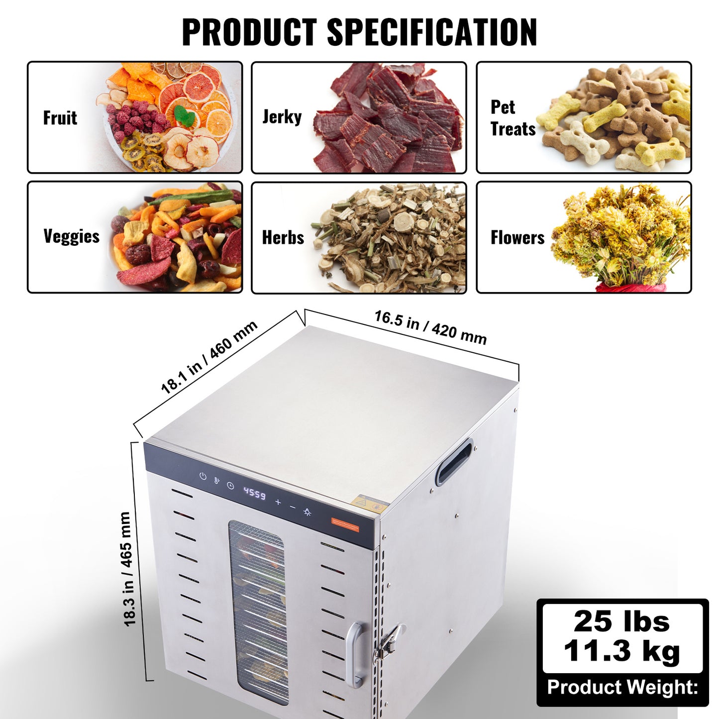 VEVOR-machine de déshydrateur de nourriture, 10 plateaux en acier inoxydable, séchoir électrique pour aliments 1000W avec minuterie numérique réglable et température pour le jerky, les herbes, la viande, le bœuf, les fruits, les friandises