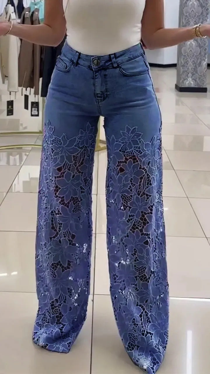 Jean femme Y2K à dentelle et fleurs ajourées – Taille haute, coupe droite à jambe large