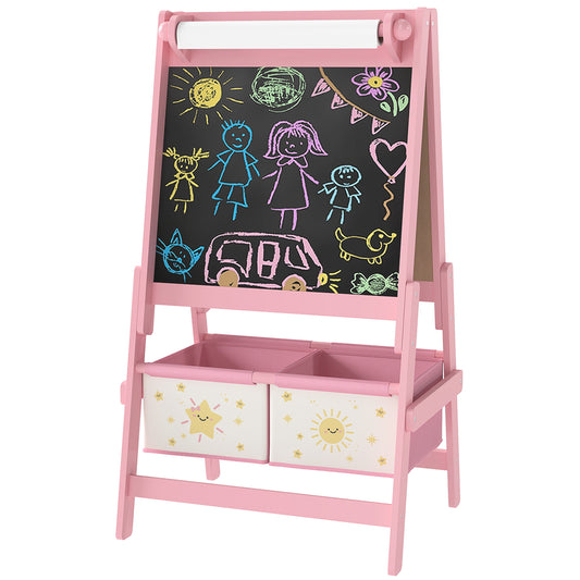 Chevalet d’art double-face – Tableau blanc & ardoise avec rouleau de papier et paniers de rangement – Rose
