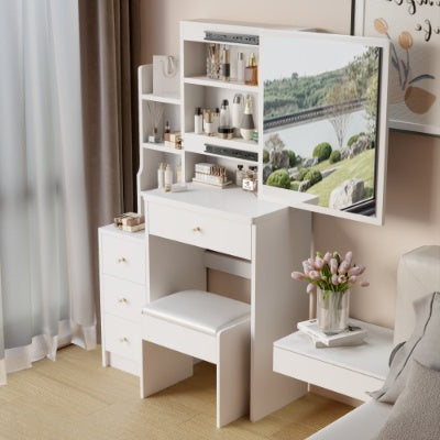 Coiffeuse compacte avec miroir coulissant et tabouret – Grand espace de rangement