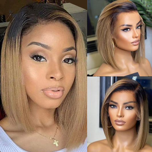 Perruque courte lisse en cheveux humains avec dentelle frontale – Look naturel et confortable